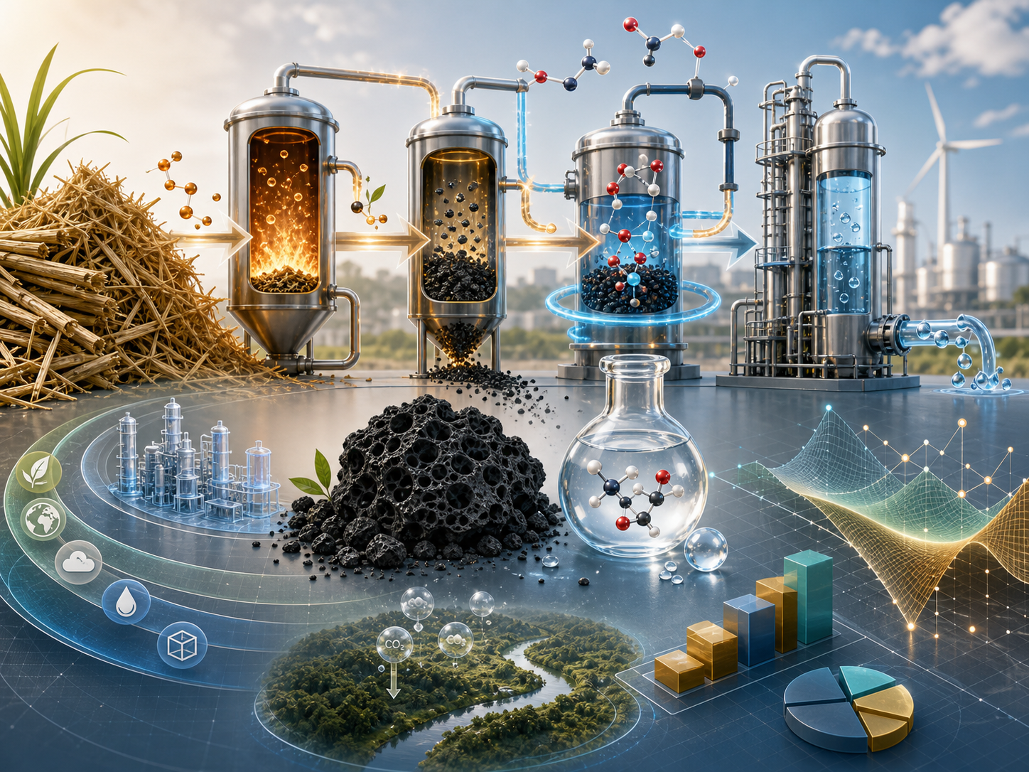 Biomass-to-methanol and activated carbon process simulation with LCA and TEA modeling visualization