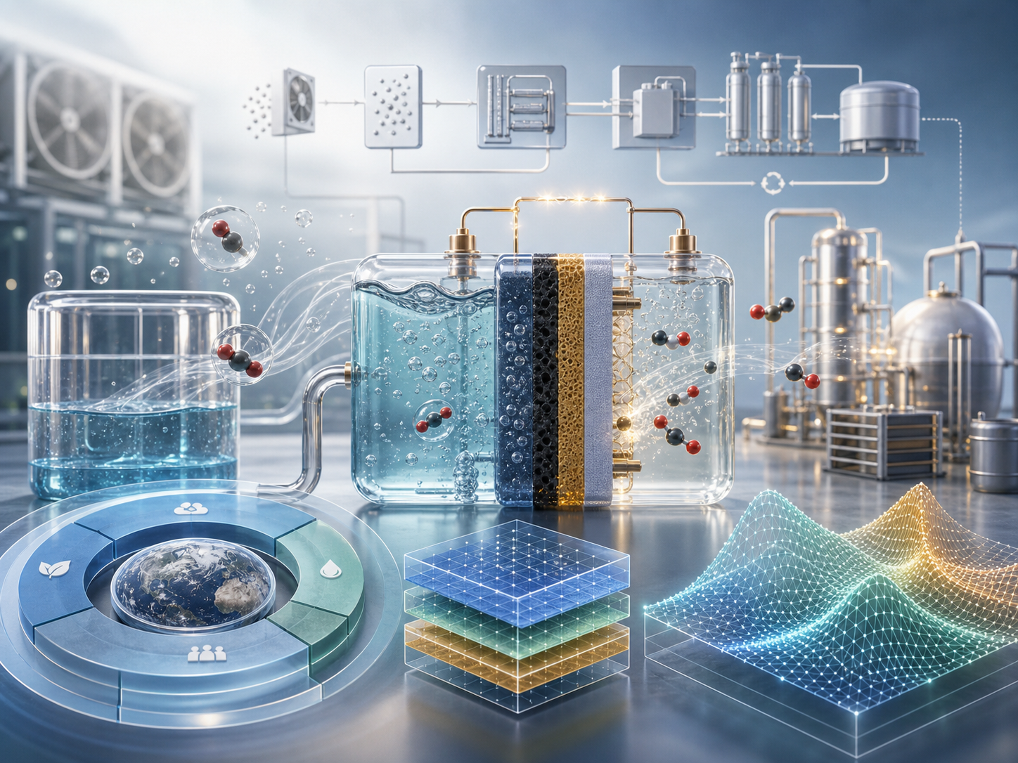 Direct air capture liquid, electrochemical reactor, LCA, TEA, and process modeling visualization