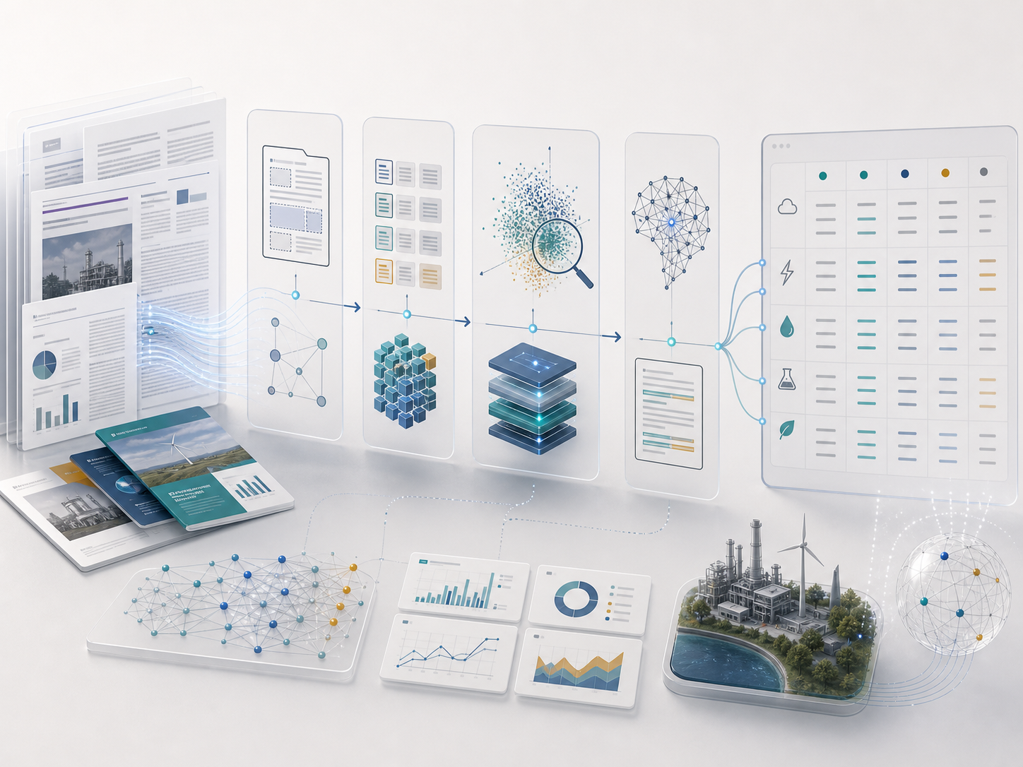 LCA-DataExtractor document AI pipeline visualization from PDFs and EPDs to structured life cycle inventory tables