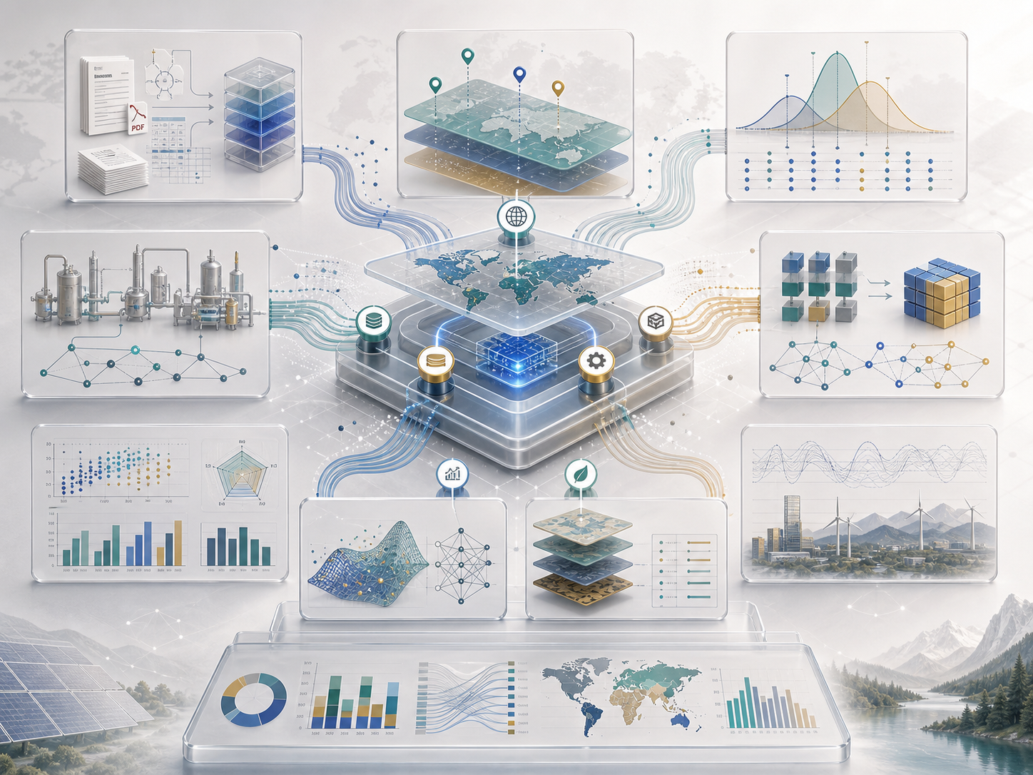 Open LCA systems stack connecting extraction, harmonization, uncertainty, GIS, TEA, dynamic LCA, and AI evaluation tools