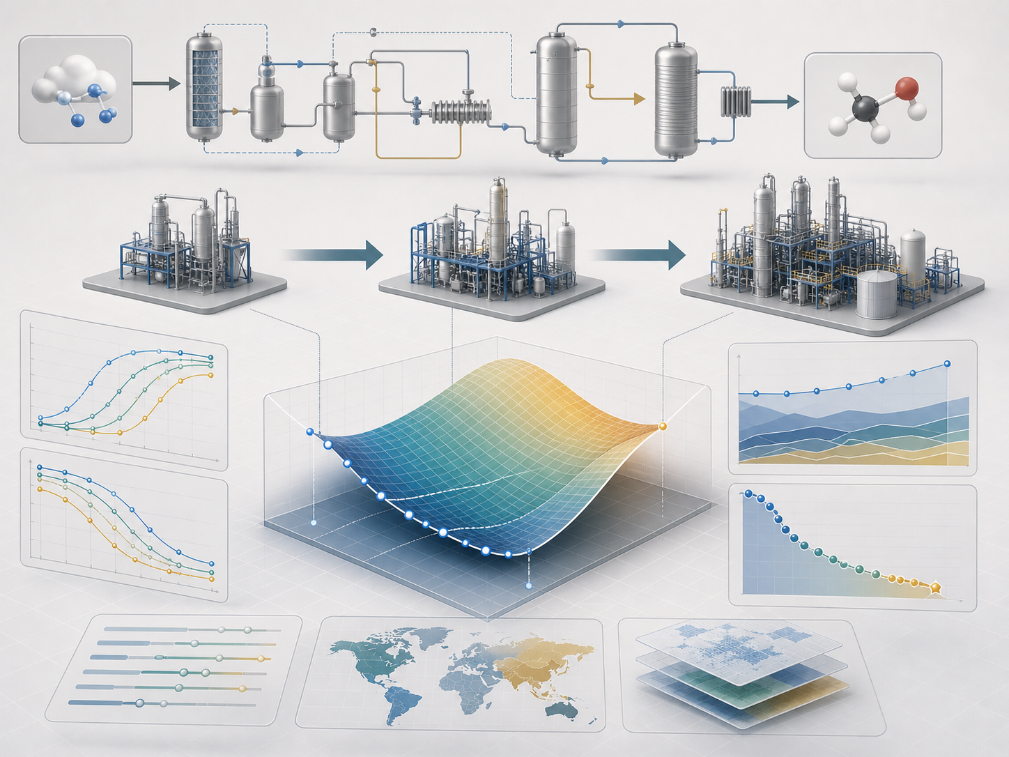 ScaleBridge TEA and LCA scale-up model visualization with process simulation and decision surfaces